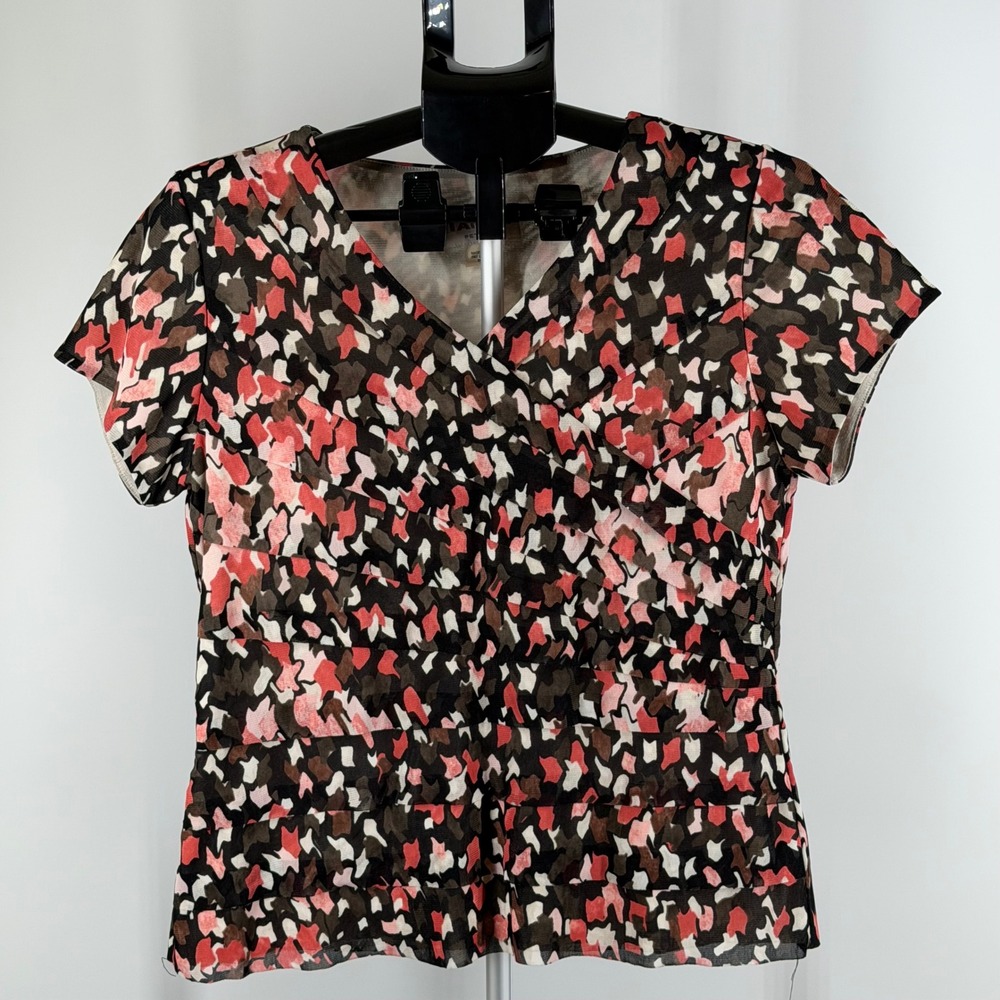 Tanjay Petites Womens PS Pink Black Abstract Print Tiered V-Neck Mesh Blouse Top